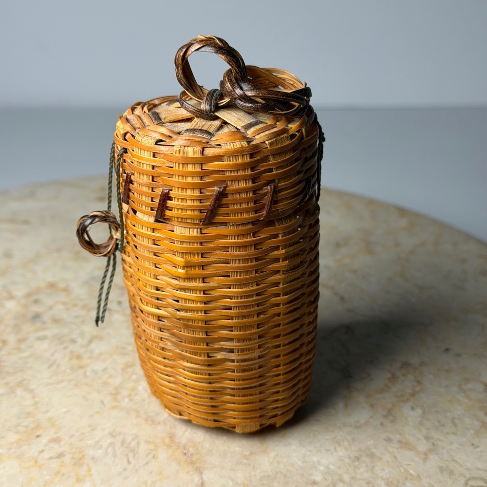 Vintage Woven Bamboo Mini Trinket Basket 3.5in Brown Philippines Handcrafted